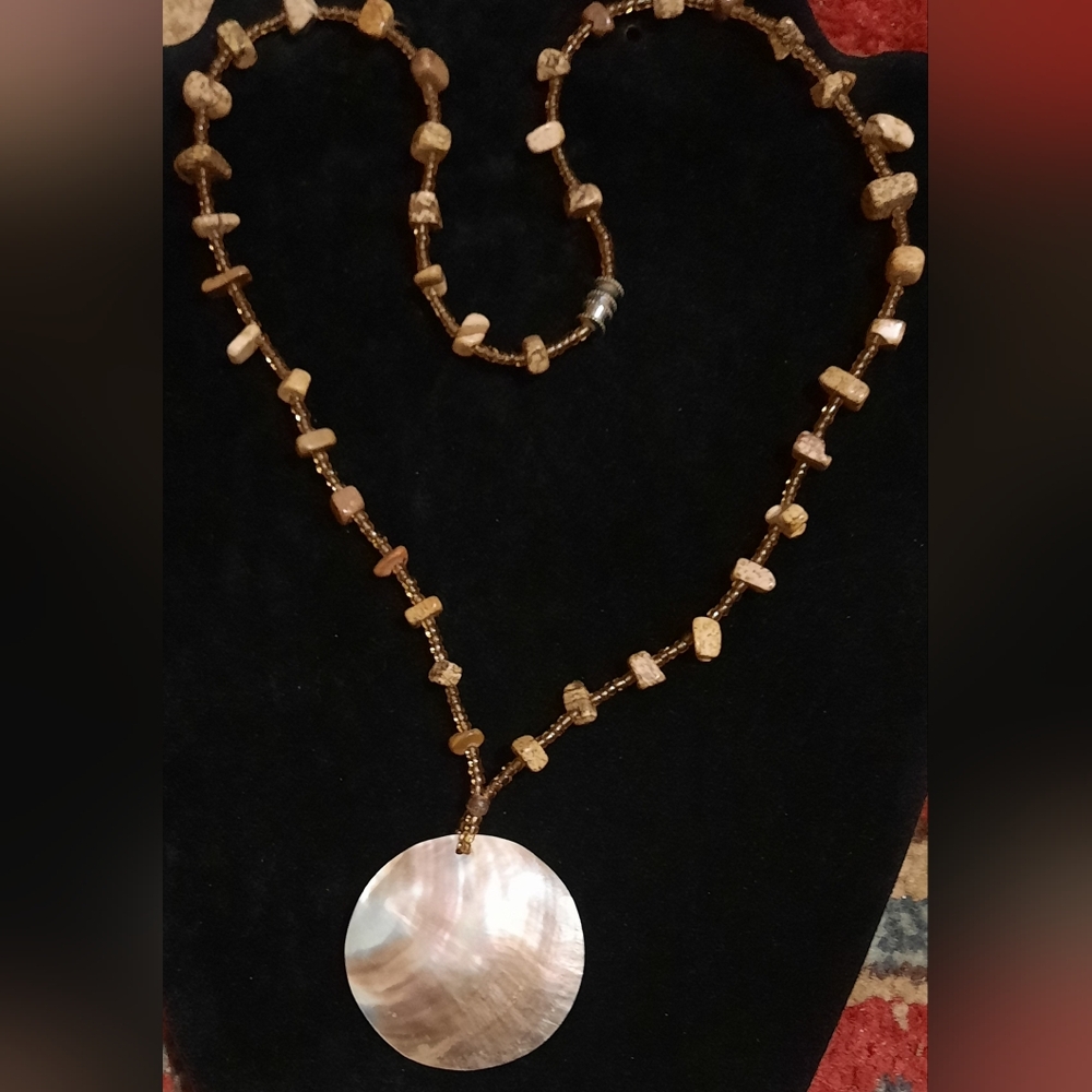 Jasper and shell boho necklace barrel clasp